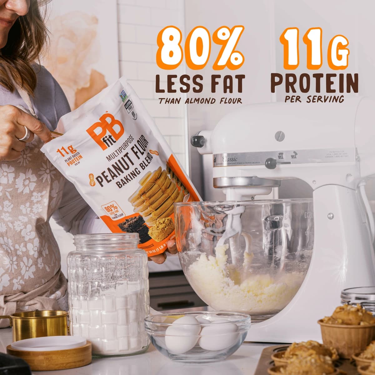 80% less fat then all-purpose flour, and 11 grams of protein
