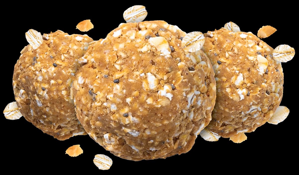 Plant-based protein balls with chia seeds, whole grain oats, and roasted peanuts